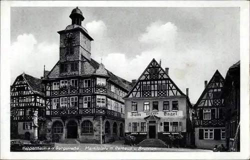 Ak Heppenheim an der Bergstraße, Marktplatz, Rathaus, Brunnen, Zum goldenen Engel