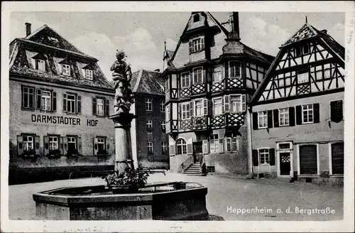 Ak Heppenheim an der Bergstraße, Marktplatz, Brunnen, Apotheke, Darmstädter Hof