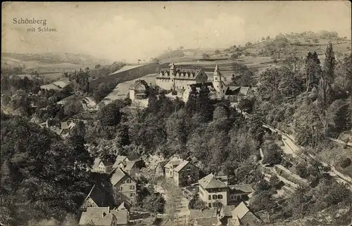 Ak Schönberg Bensheim an der Bergstraße, Teilansicht mit Schloss