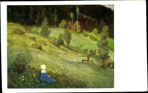 Künstler Ak Schiestl, Matthäus, Voralpenlandschaft, Mädchen auf einer Wiese