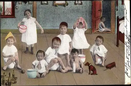 Ak Kleinkinder auf Nachttöpfen, Milchflasche, Hund, Kegel