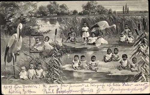 Ak Kleinkinder an einem Teich, Störche, Fotomontage