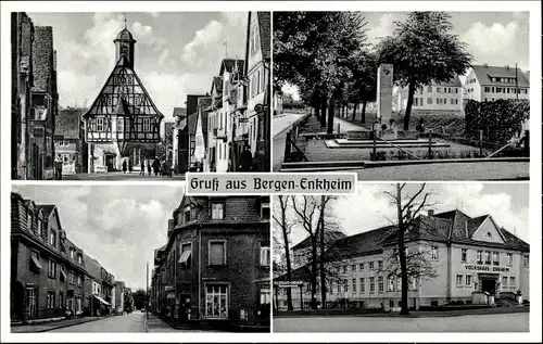 Ak Bergen Enkheim Frankfurt am Main, Wohnsiedlung, Denkmal, Rathaus, Volkshaus, Straßenpartie