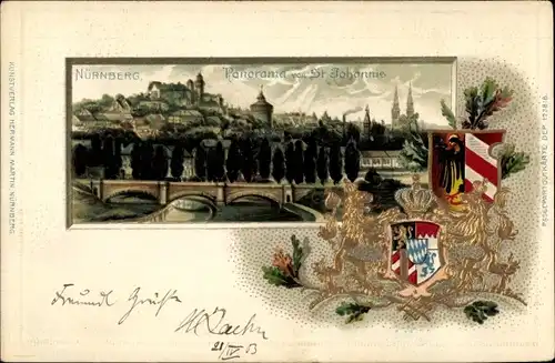Präge Passepartout Ak Nürnberg in Mittelfranken, Panorama v. St. Johannis, Wappen, Brücke