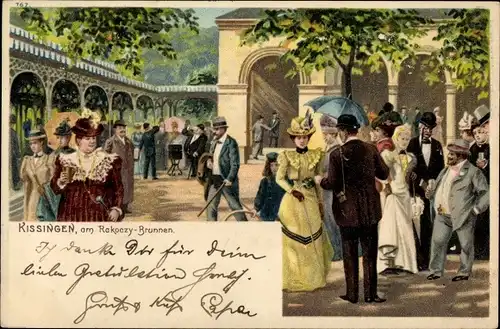 Litho Bad Kissingen, Elegante Damen und Herren am Rakoczy Brunnen