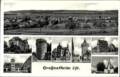 Ak Großostheim Unterfranken, Gesamtansicht, Rathaus Stumpfer Turm, Kirche, Spitzer Turm, Schule
