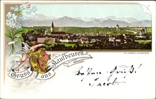 Litho Kaufbeuren am Wertach, Blick auf den Ort, Engel, Wappen
