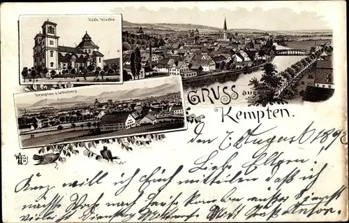 Litho Kempten im Allgäu Schwaben, Kath. Kirche, Ausblick vom Lotterberg, Gesamtansicht