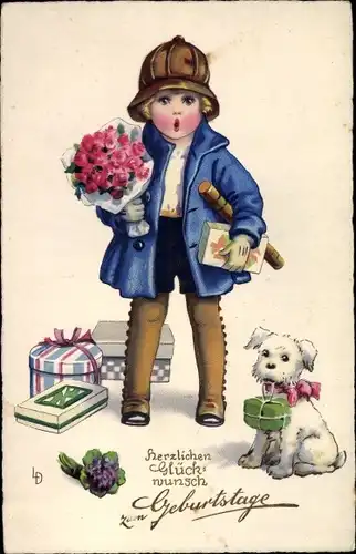 Künstler Ak Döring, Lia, Glückwunsch Geburtstag, Kind mit Blumenstrauß, Geschenke, Hund