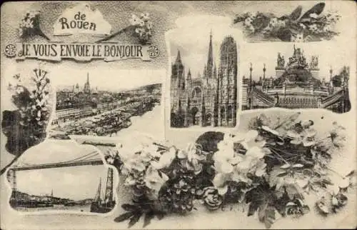 Ak Rouen Seine Maritime, Blumenstrauß, Kathedrale, Gesamtansicht, Souvenir