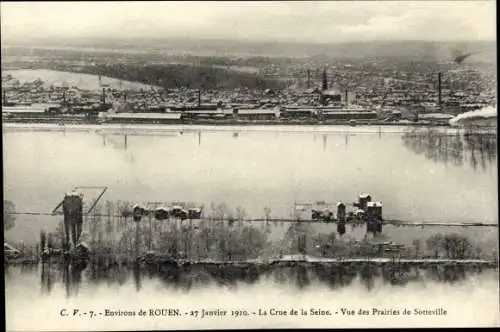 Ak Rouen Seine Maritime, Le Crue de la Seine, Vue des Prairies de Sotteville, 27 Janvier 1910