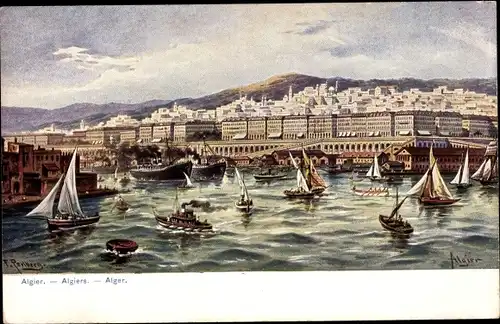 Künstler Ak Perlberg, F., Algier Alger Algerien, Totalansicht der Ortschaft, Segelboote