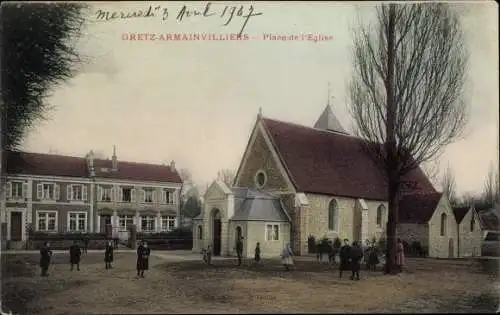 Ak Gretz Armainvilliers Seine et Marne, Place de l'Eglise