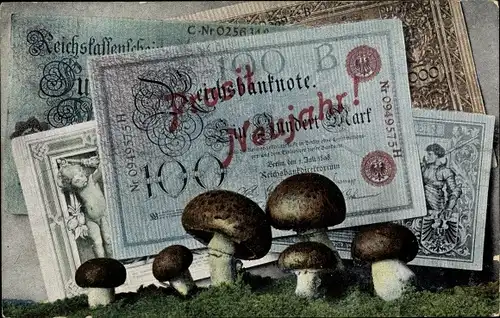Ak Glückwunsch Neujahr, Reichsbanknoten, Pilze, 100 Mark