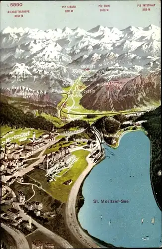 Landkarten Ak Sankt Moritz Kanton Graubünden, St. Moritzer See, Bergmassiv
