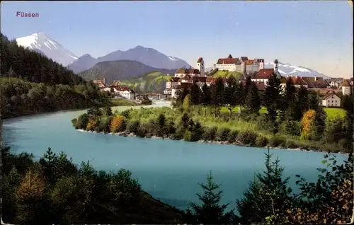 Ak Füssen im Ostallgäu, Ort, Fluss, Wald