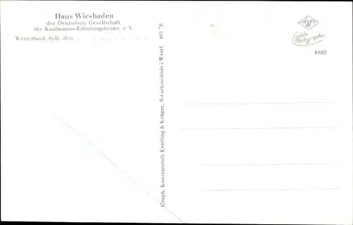 Ak Westerland auf Sylt, Haus Wiesbaden, Dt. Gesellschaft f. Kaufmanns u. Erholungsheime e.V.