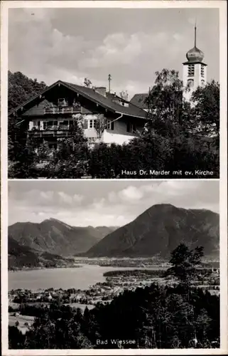 Ak Bad Wiessee in Oberbayern, Haus Dr. Marder, Ev. Kirche, Gesamtansicht
