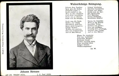 Gedicht Ak Walzerkönigs Heimgang, Komponist Johann Strauss, Portrait