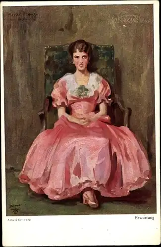 Künstler Ak Schwarz, Alfred, Erwartung, Frau in rosa Kleid