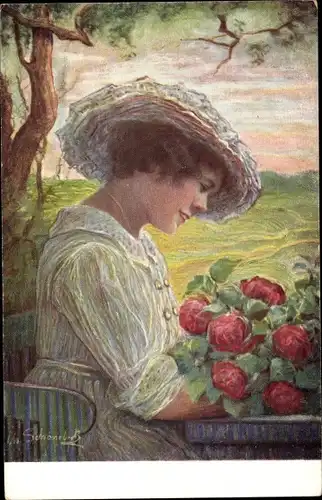 Künstler Ak Schönebeck, Ch., Rote Rosen, Frau mit Blumen