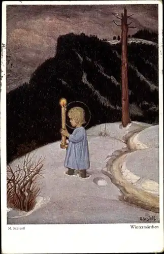 Künstler Ak Schiestl, Matthäus, Wintermärchen, Kind mit Kerze im Schnee
