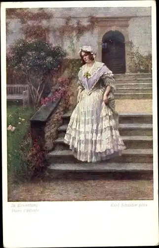Künstler Ak Schuster, Karl, In Erwartung, Frau auf einer Treppe