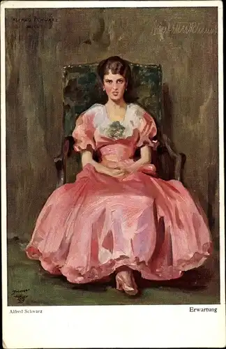 Künstler Ak Schwarz, Alfred, Erwartung, Frau in rosa Kleid