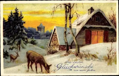 Ak Glückwunsch Neujahr, Winterszene, Reh, Hirsch, Haus