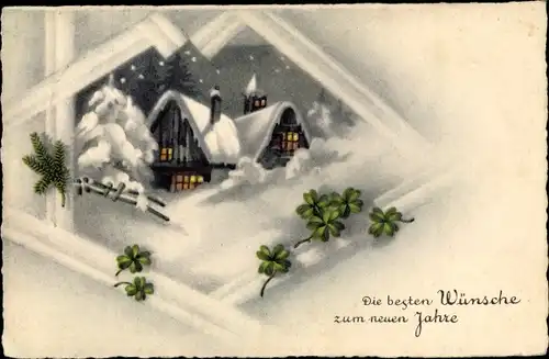 Ak Glückwunsch Neujahr, Winterszene, Haus, Glücksklee