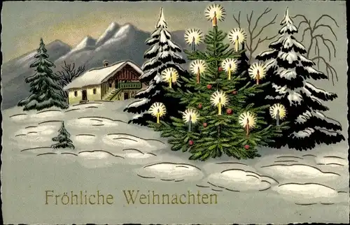 Ak Glückwunsch Weihnachten, Tannenbäume, Haus