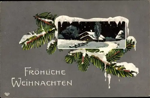Präge Ak Glückwunsch Weihnachten, Winterszene, Tannenzweige