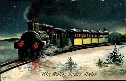 Ak Glückwunsch Neujahr, Eisenbahn, Tannenbäume
