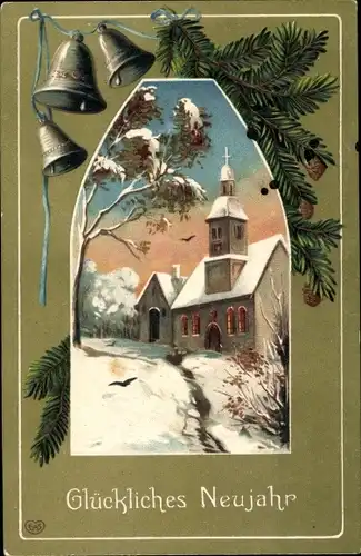 Präge Ak Glückwunsch Neujahr, Glocken, Kirche, Winterlandschaft