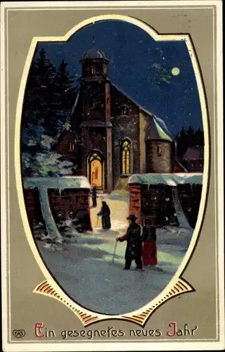 Präge Passepartout Ak Glückwunsch Neujahr, Auf dem Weg zur Kirche, Mondschein, Winterszene