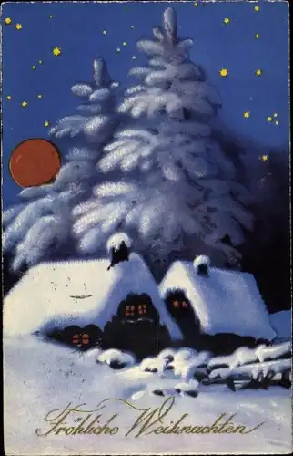 Ak Glückwunsch Weihnachten, Winterszene, Häuser, Mond, Sterne