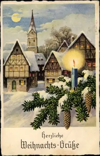 Ak Glückwunsch Weihnachten, Winterszene, Häuser, Tannenzweige, Zapfen, Kerze