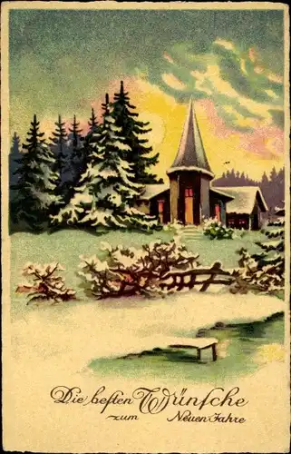 Ak Glückwunsch Neujahr, Winterszene, Kirche