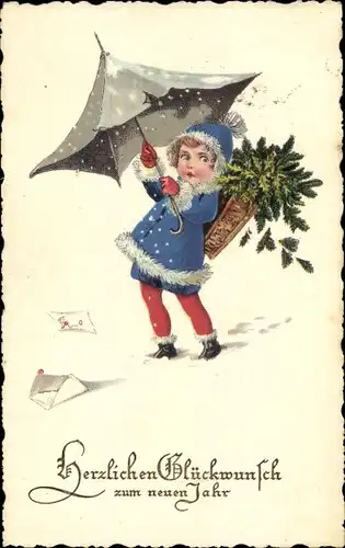 Ak Glückwunsch Neujahr, Mädchen, Regenschirm, Tannenzweige