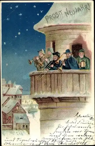 Ak Glückwunsch Neujahr, Musikanten auf dem Rathausturm