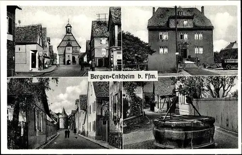 Ak Bergen Enkheim Frankfurt am Main, Brunnen, Gasthaus, Kirche, Straßenpartie