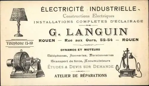 Ak Rouen Seine Maritime, Electricite Industrielle, G. Languin, Rue aux Ours 52-54, Dynamos, Moteurs