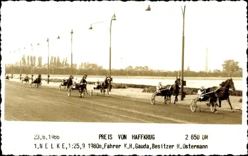 Foto Ak Haffkrug Scharbeutz Ostholstein, Preis von Haffkrug, Trabrennen, Sieger Nelke, Fahrer Gauda