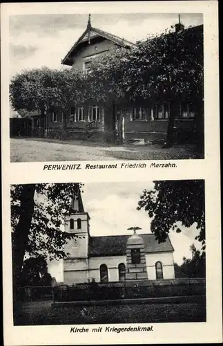 Ak Perwenitz Schönwalde Glien Havelland, Restaurant, Kirche, Kriegerdenkmal