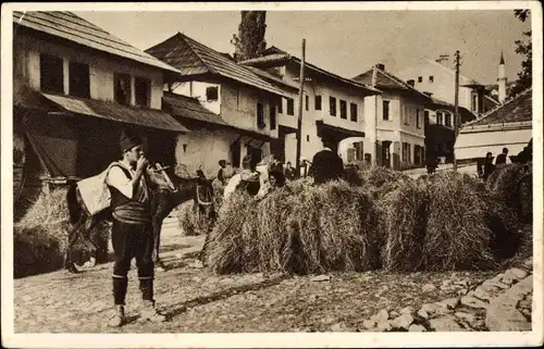 Ak Sarajevo Bosnien Herzegowina, Straßenpartie, Mann in Tracht, Pferd