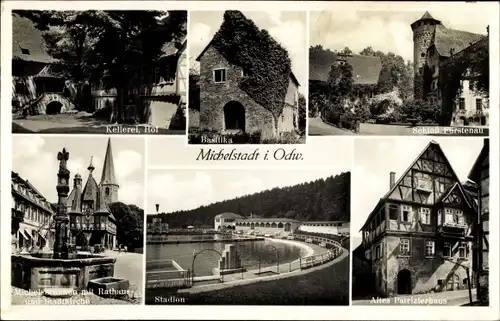 Ak Michelstadt im Odenwald, Basilika, Michelbrunnen, Rathaus, Stadtkirche, Stadion, Schloss