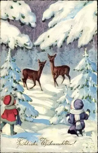 Ak Glückwunsch Weihnachten, Kinder, Rehe, Wald
