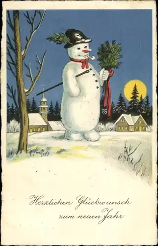 Ak Glückwunsch Neujahr, Schneemann, Pfeife, Tannenzweige, Mond