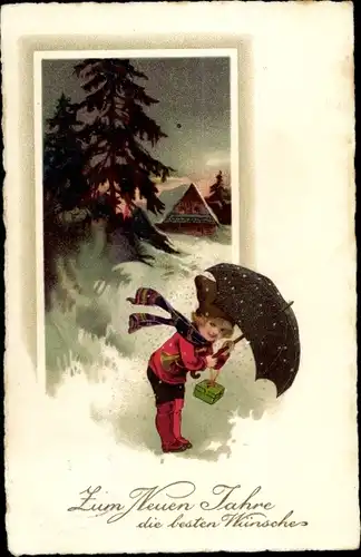Ak Glückwunsch Neujahr, Kind, Regenschirm, Geschenk