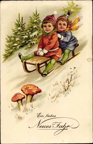 Ak Glückwunsch Neujahr, Schlittenfahrt, Pilze, Kinder